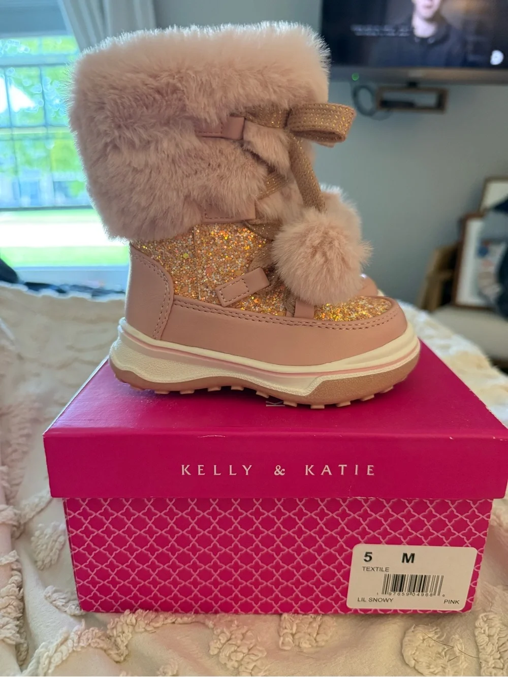 Toddler Pink Glitter Pom Pom Winter Boots